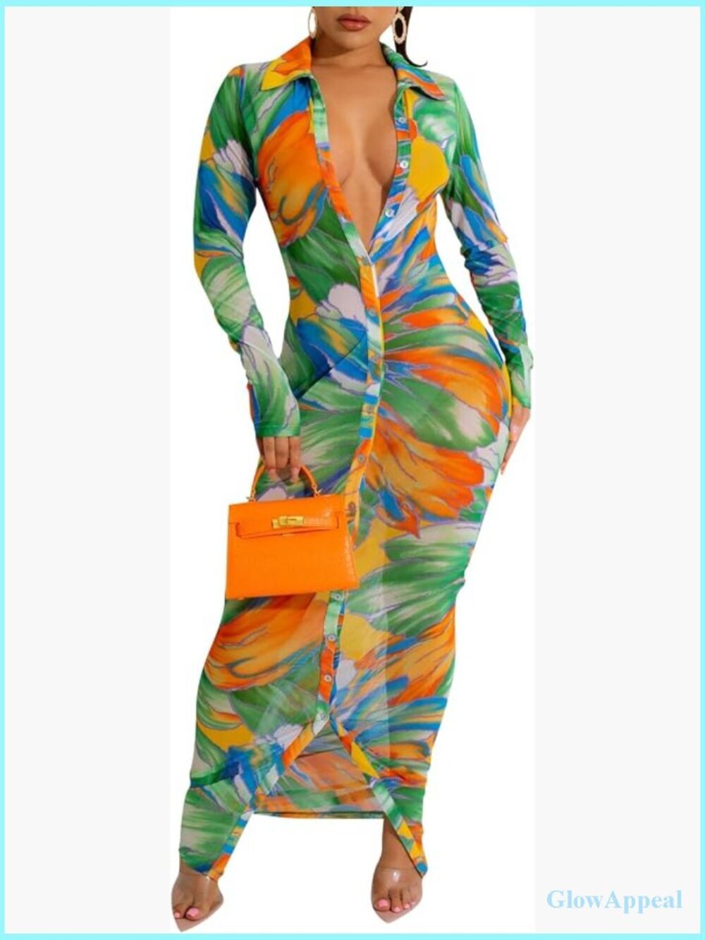 Sheer Mesh Button Down Maxi Dress See Through Long Sleeve V Neck Bodycon